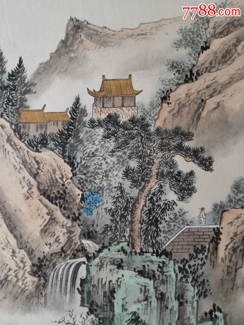 祁大寿,山水国画原作,浅绛山水原画,年代不详,其他尺寸,镜框装裱,宣纸