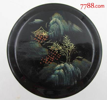 早期福建漆器茶叶罐~精美的山水风景图图片