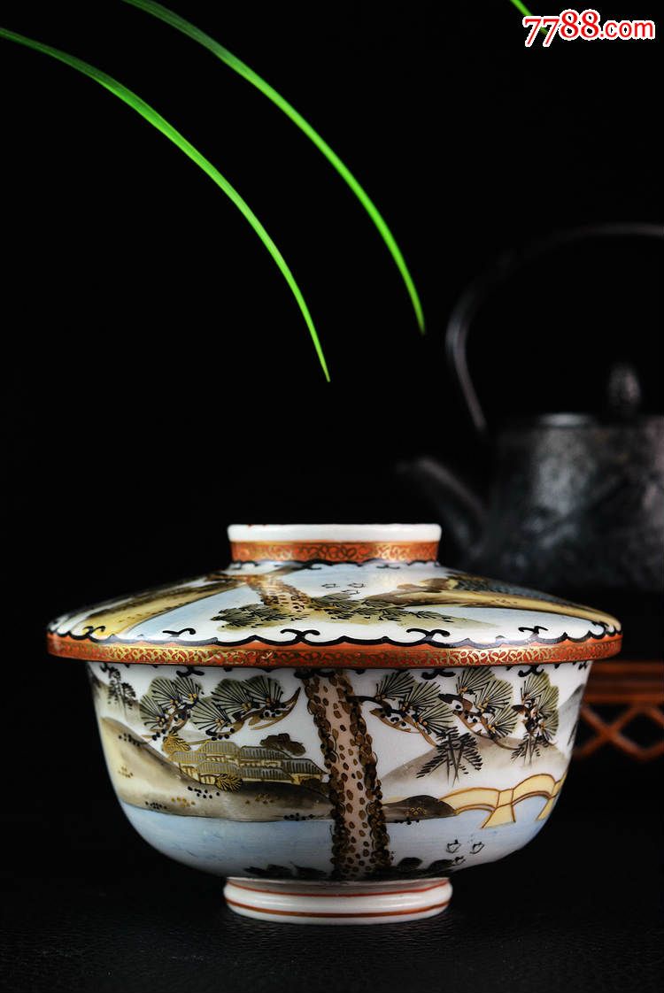 日本古董收藏品茶具茶道小山作九谷烧精美盖碗茶碗一对经典推荐_青白