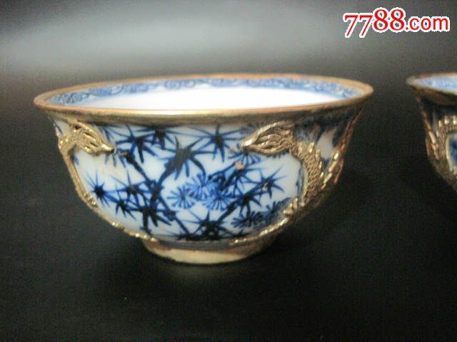 精品古董古瓷器明代宣德年明青花松枝梅花碗镶边包金一对青花瓷碗