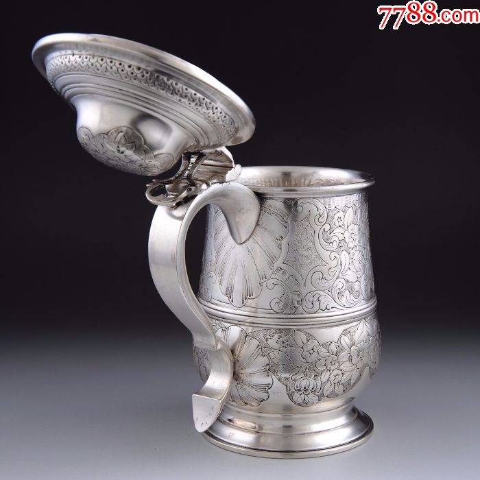 约690克意大利纯银精美錾花带盖大啤酒杯全美品西洋古董银器
