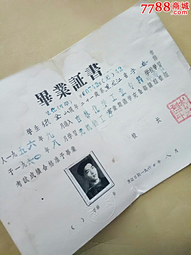 吉林化学工业专科中专部毕业证书