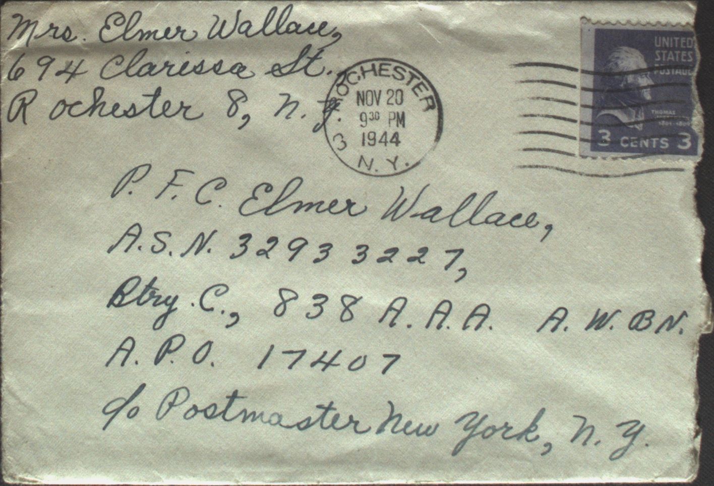 美国邮政用品,信封,实寄封,1944年11月美国实寄信封一枚,附有英文原信