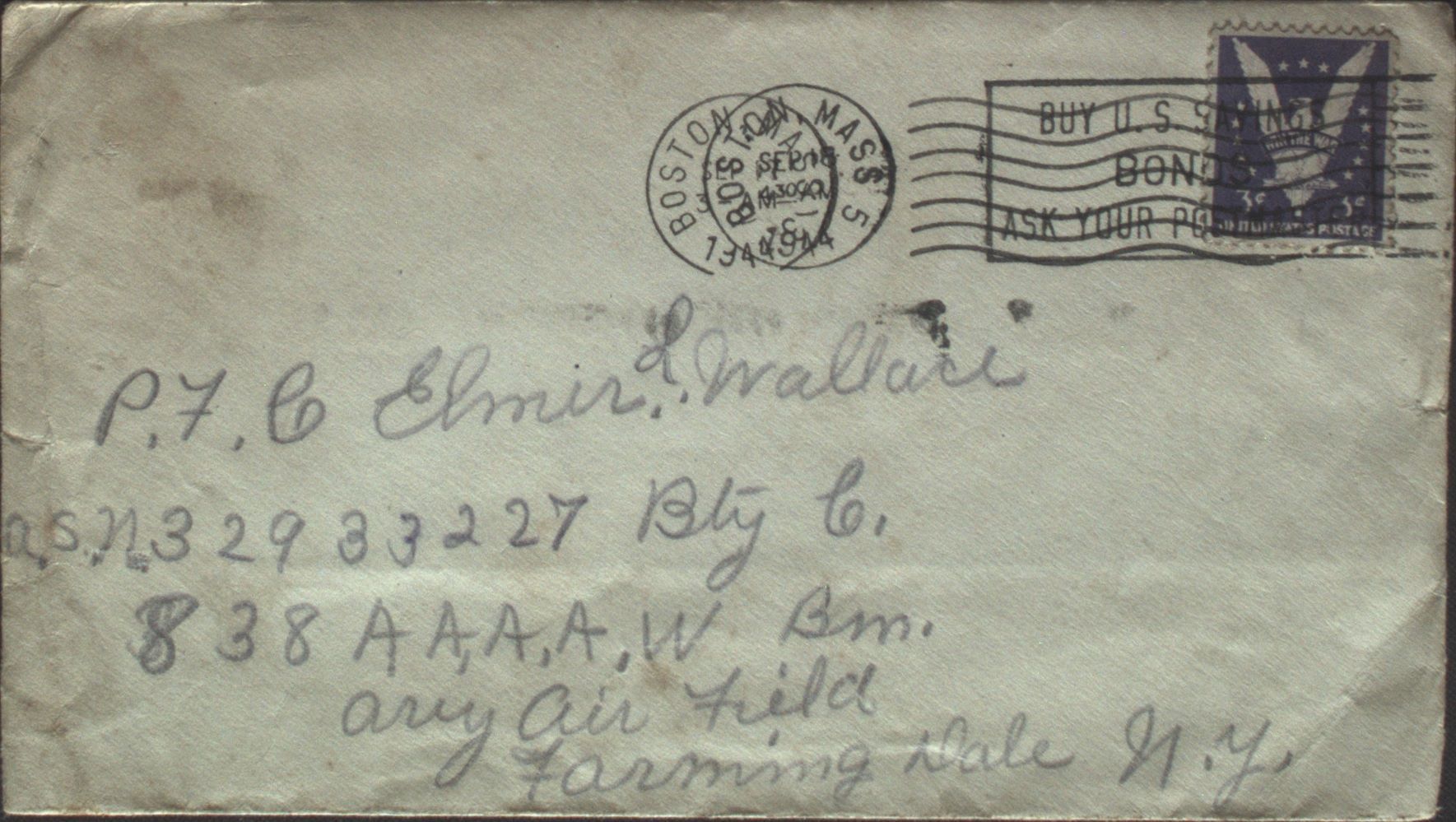 美国邮政用品,信封,实寄封,1944年9月美国实寄信封一枚,附有英文原信