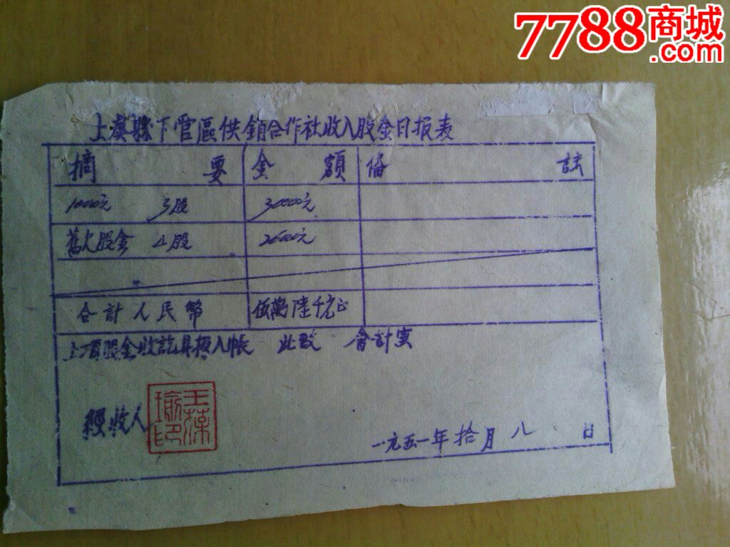 解放初期上虞县供销合作社股金日报表-价格:3