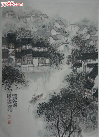 画廊推荐著名画家郑守国画竖幅江南水墨画小景_山水国画原作_山东朋馨