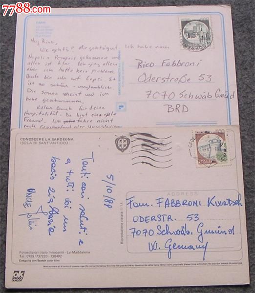意大利普邮实寄片2枚-se28616326-7788明信片