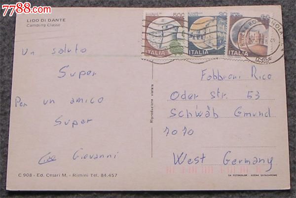 88意大利普邮实寄片-se28616323-7788明信片