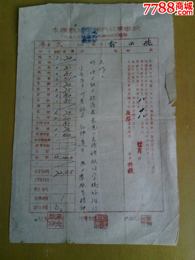 1952年永康县私立徐氏学校成绩单-价格:4元-s