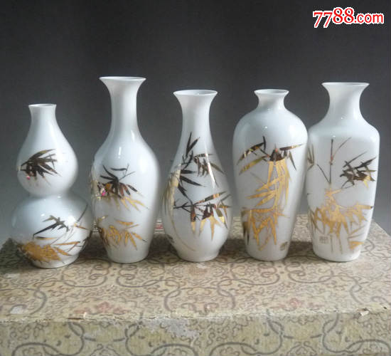 景德镇人民瓷厂/釉上彩/薄胎彩绘竹瓶一套