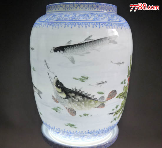 景德镇光明瓷厂/薄胎瓷/釉上彩/鱼藻图皮灯