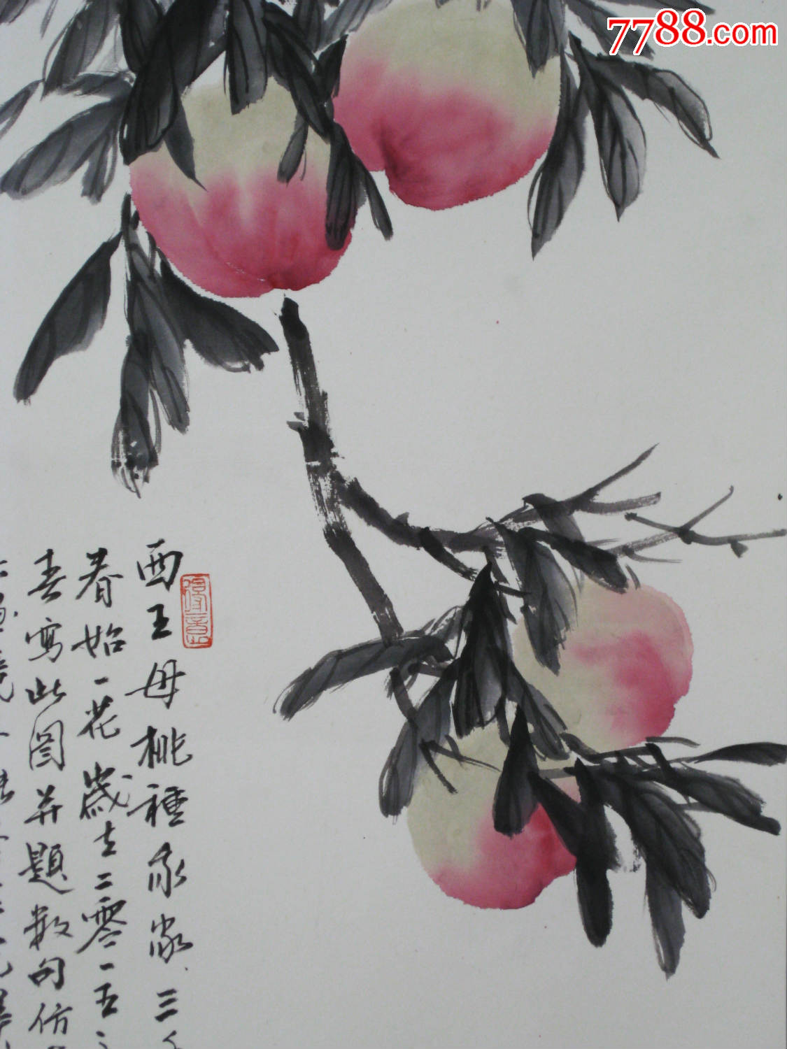 王显翱作品16【千年仙桃献寿图】画芯100乘50已裱轴_花鸟国画原作