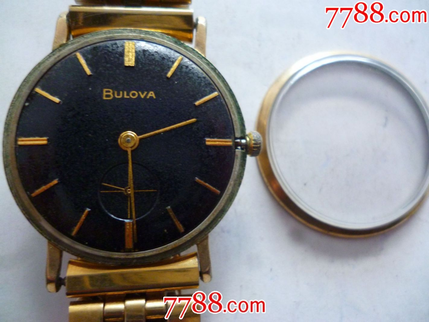 60年代美国整体10k金黑盘【bulova【宝路华】两针半男士古董老表