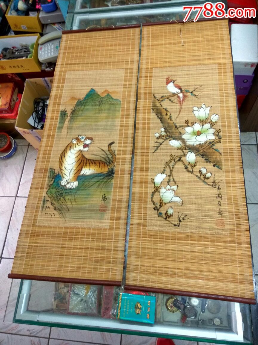 竹帘画,竹编画.