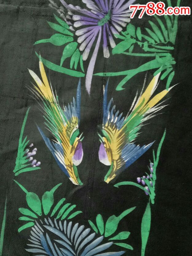 清代彩绘花鸟纹长丝绸布一对