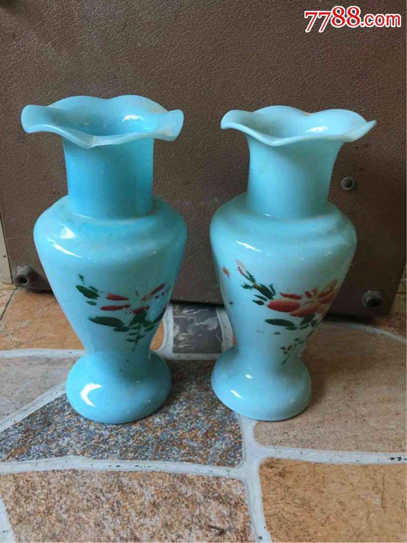 老琉璃工艺民国时期一对老料器花瓶蓝色兰色花插花瓶
