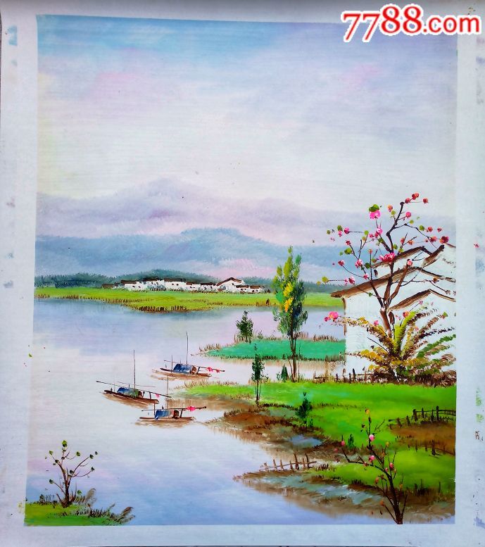 4号江南山水原稿风景油画三联画