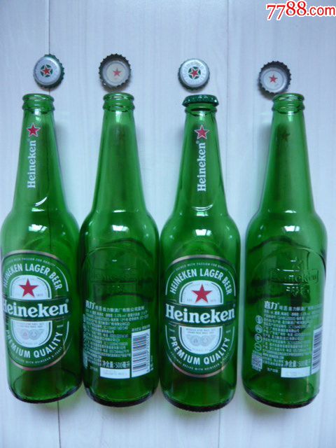 heineken喜力啤酒瓶,4只5枚瓶盖.酒精度:5.0%,净含量:500毫升.