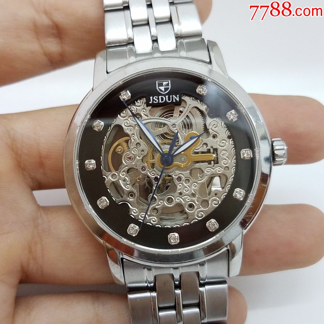 金仕盾jsdun自动机械男表【闪钻刻度,镂空表款,漂亮雕花机芯,透明底盖