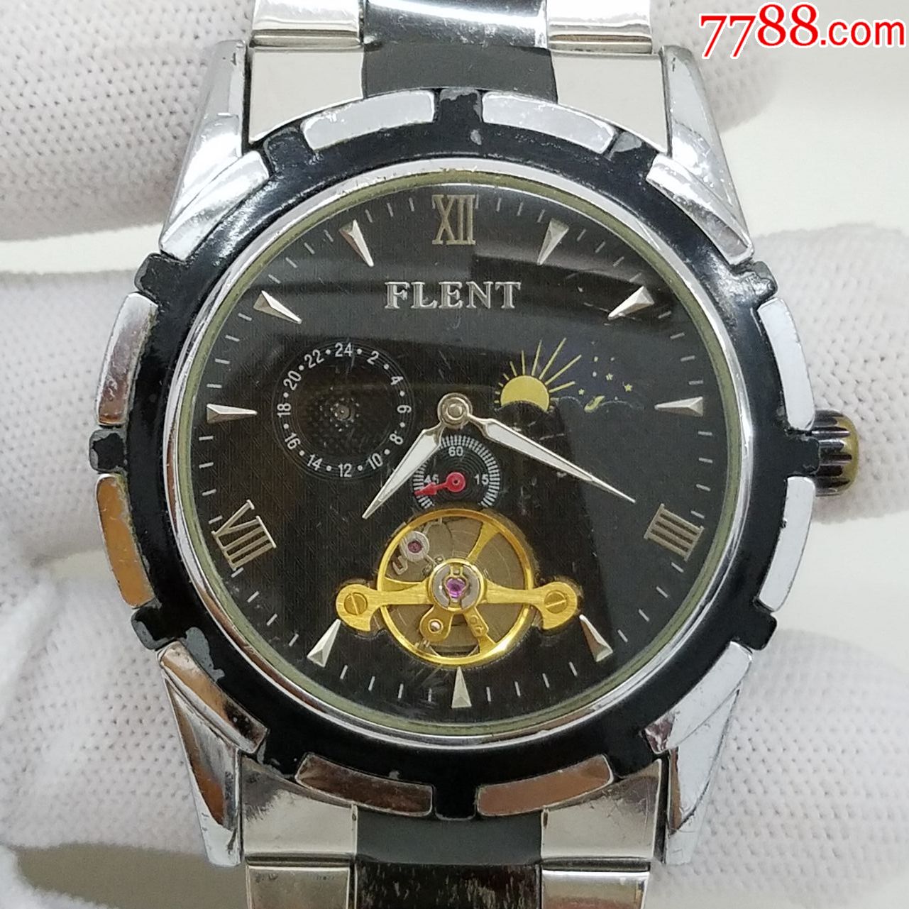 飞浪达自动机械男表【镂空摆轮】【漂亮日夜相】【透明底盖】【机芯新