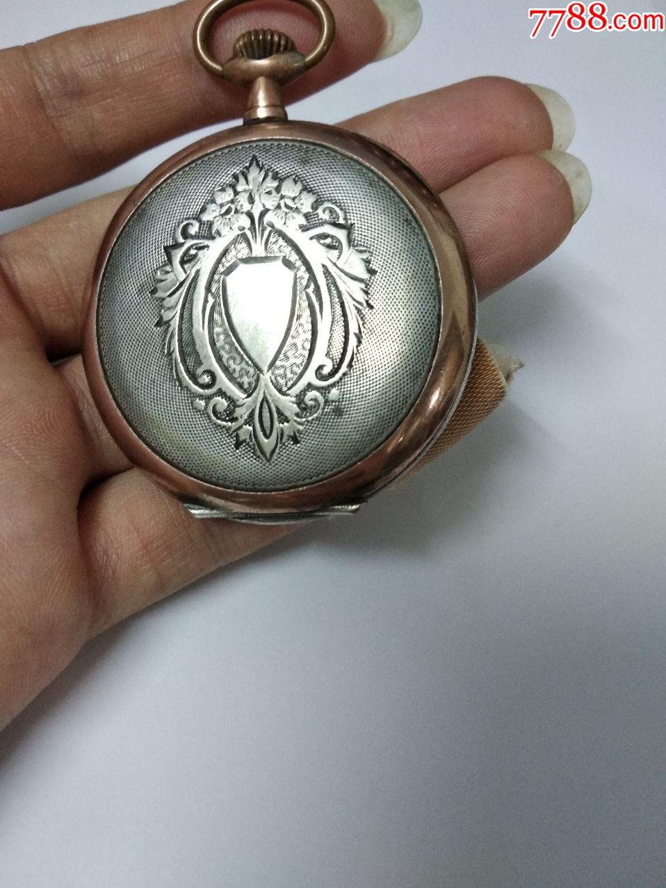 800纯银法国昂科尔ancre古董老怀表,彩金嵌银,直径49毫米大怀表,能走