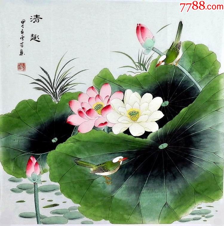 顾雪芳四尺斗方工笔花鸟荷塘清趣