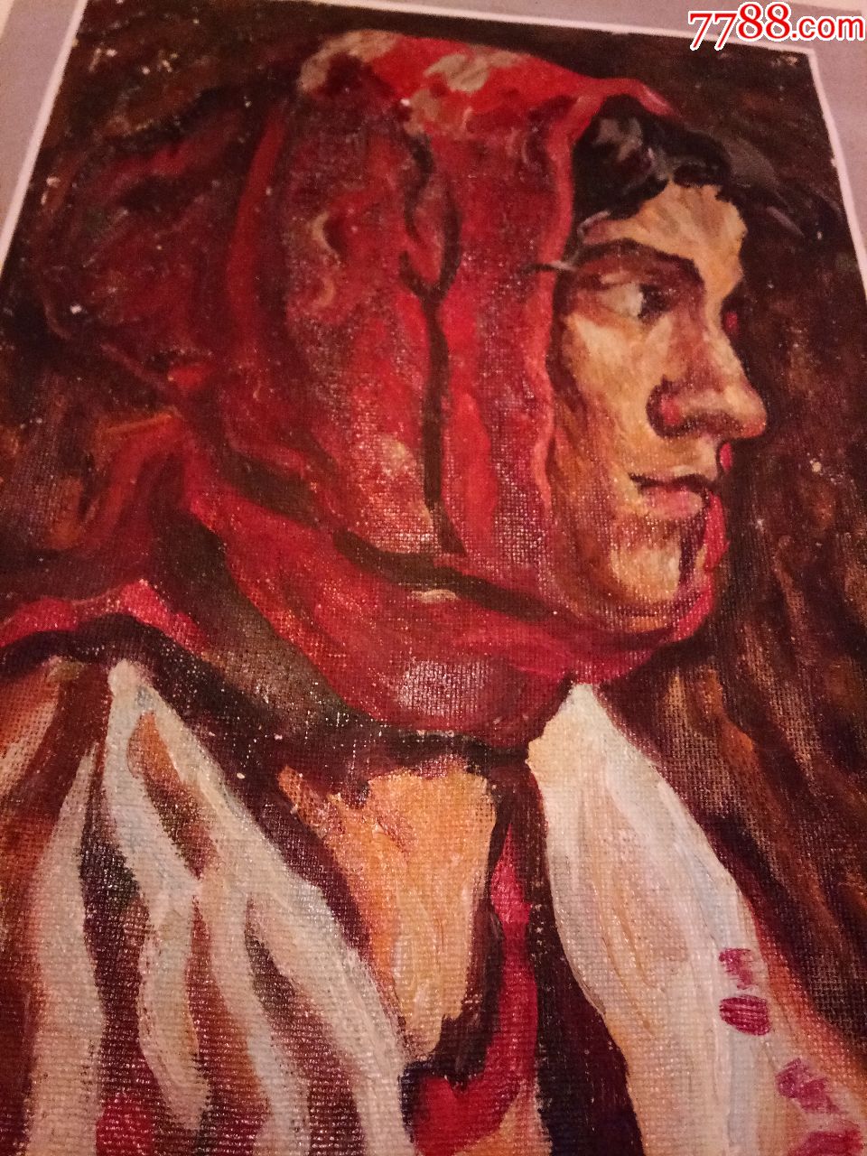 围红头巾的女青年油画【19884临】【长27cm宽19cm】
