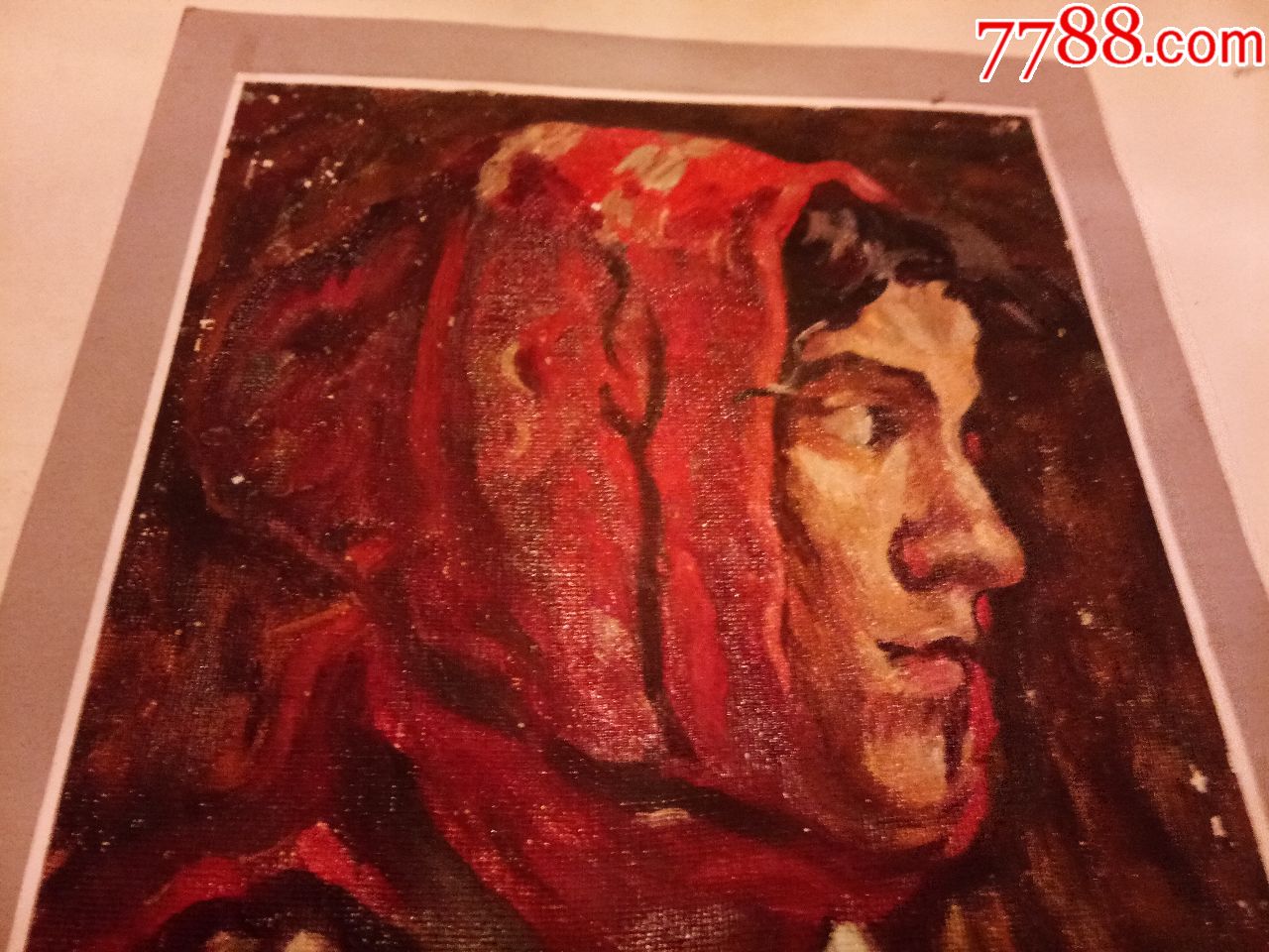 围红头巾的女青年油画【19884临】【长27cm宽19cm】