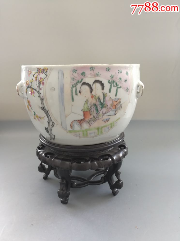 民国余子明绘浅绛彩仕女锅