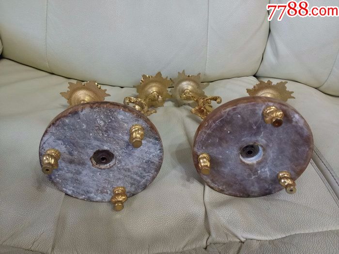 德国早期大理石底座镀金烛台三件套古董座钟-不走了