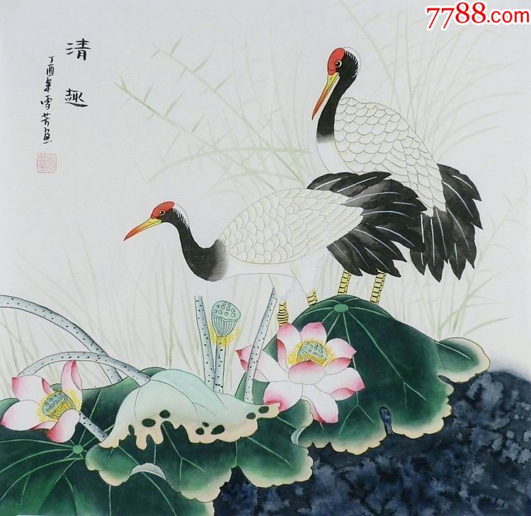 顾雪芳四尺斗方工笔画仙鹤