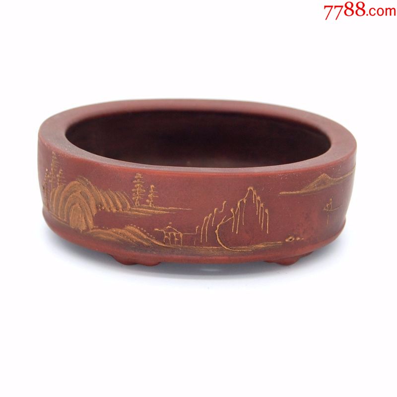 清代铁画轩泥绘山水紫砂花盆(包真)完整