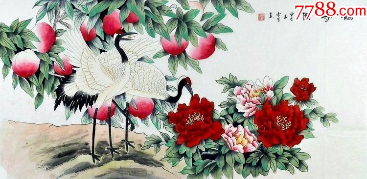 顾雪芳四尺工笔仙鹤寿桃