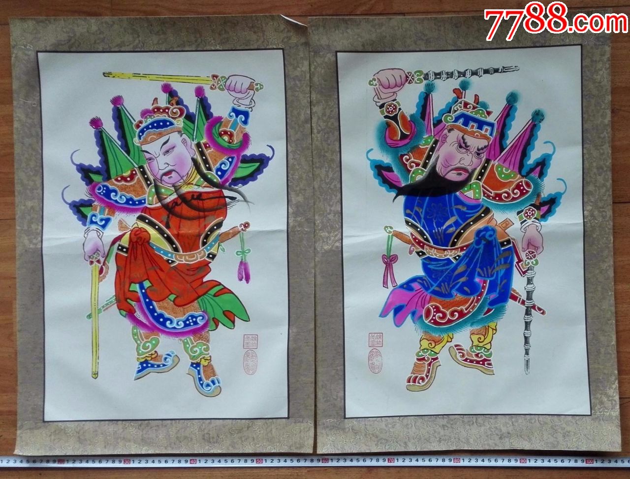 已托裱的包老包真胡明贵绘制木版手绘绵竹年画《双扬鞭》