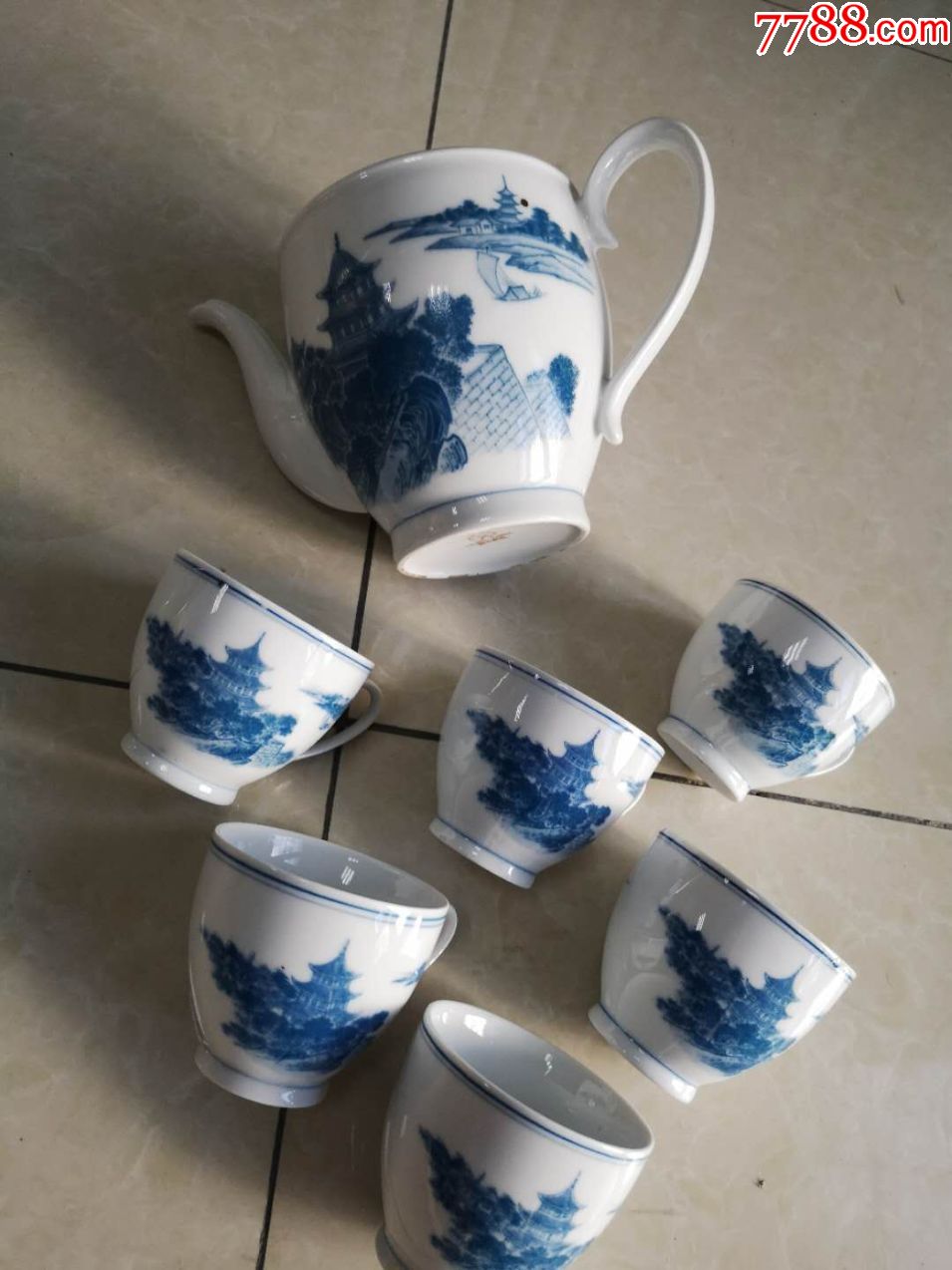 八十年代醴陵群力瓷厂岳阳楼画面茶具一壶六杯(含大球泥)