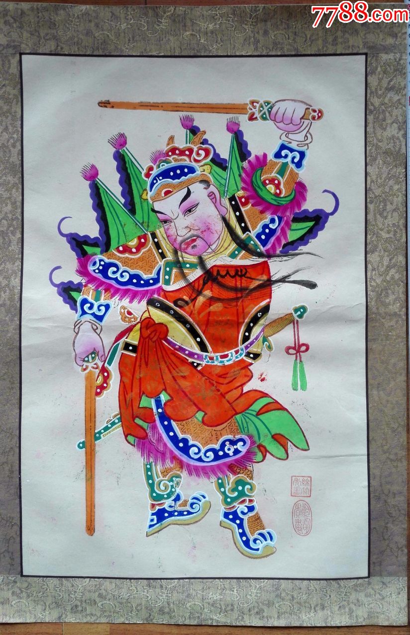 已托裱的包老包真胡明贵绘制木版手绘绵竹年画《双扬鞭》5