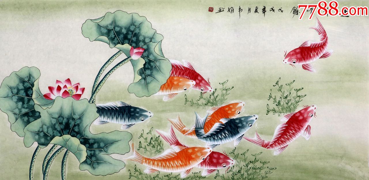 韦娟纯手绘国画字画花鸟四尺工笔荷花九鱼图连年有余