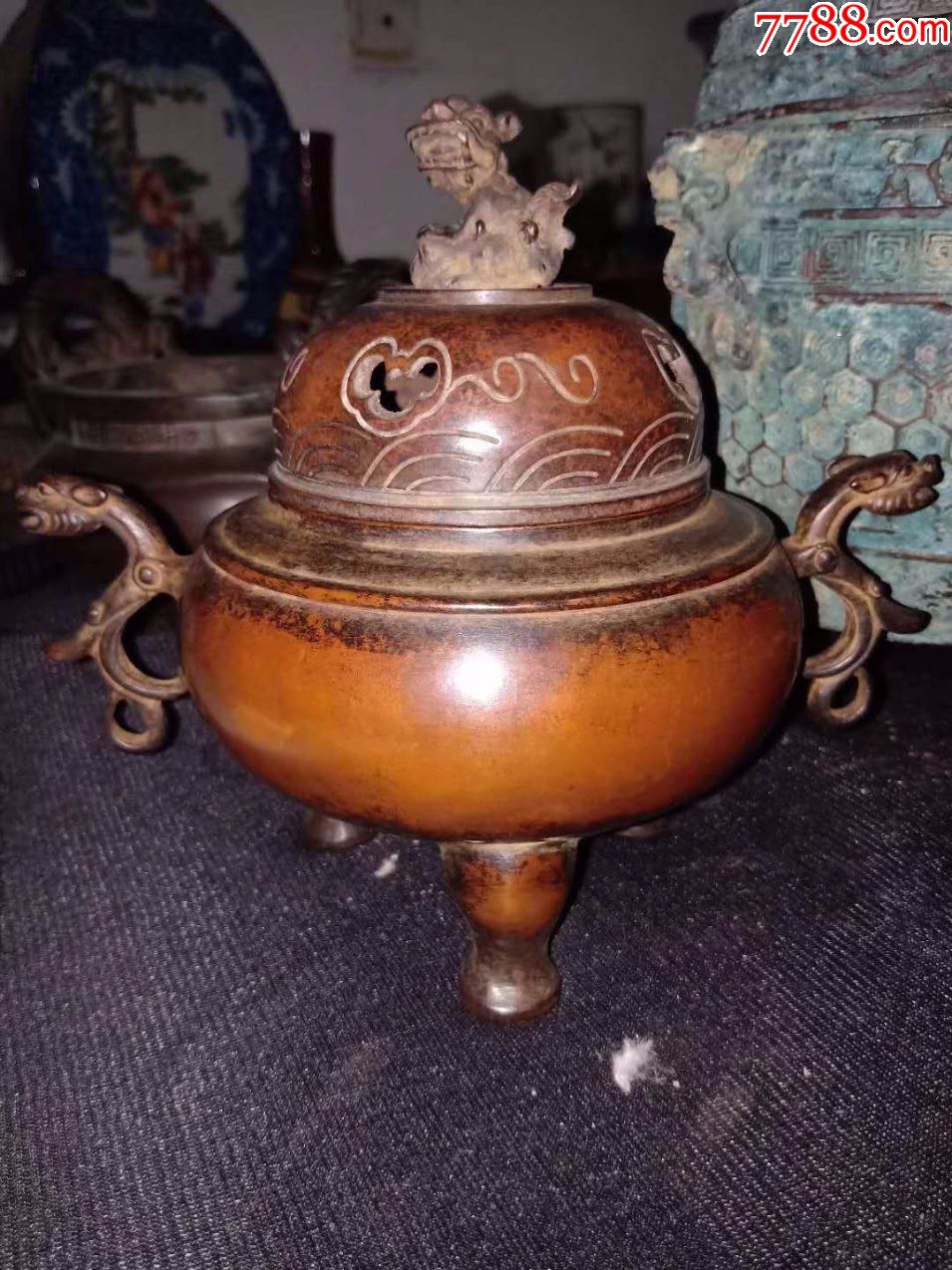 清代,双狮耳铜熏香炉,包浆厚重