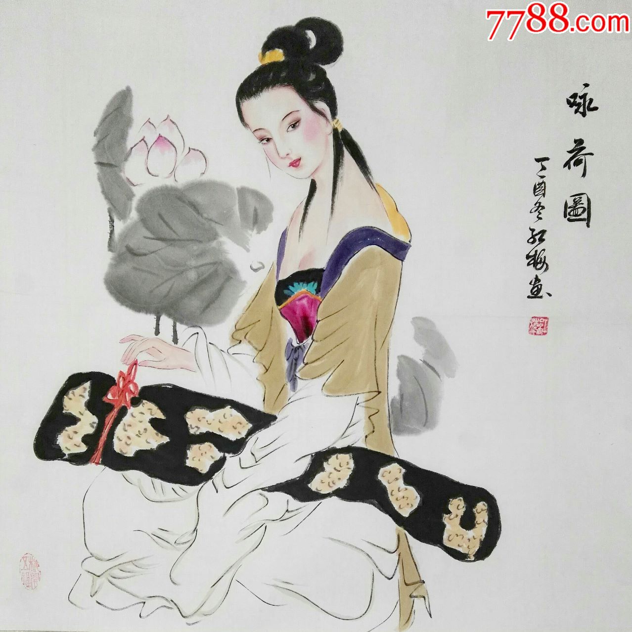 陈老师精品国画仕女图咏荷图