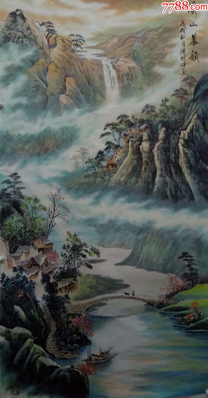属性: 青绿山水原画,,年代不详,,四尺138*69,,未装裱,,宣纸,,, 简介