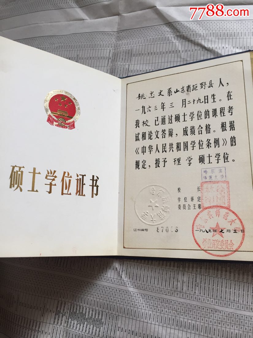 87年硕士学位证书