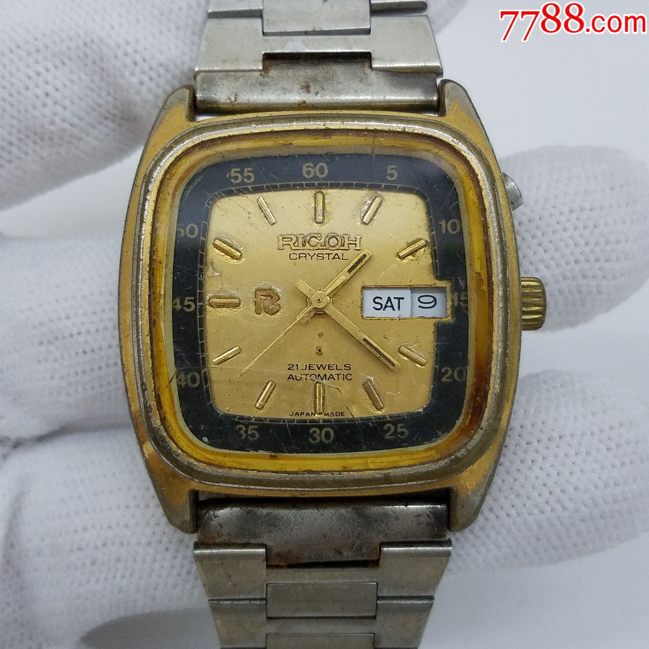 日本理光机械男表【电视机壳型】【金字金针金刻度】【能走时】【日历