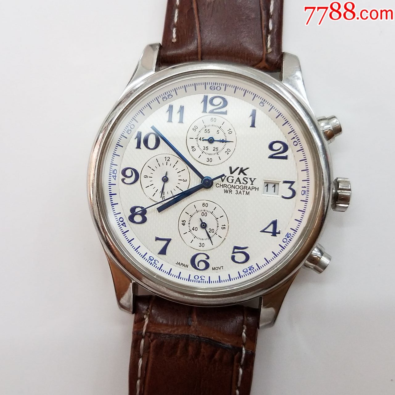 vgasy电子计时男表【经典3眼菱格纹表盘】【漂亮烤蓝指针】,手表/腕表