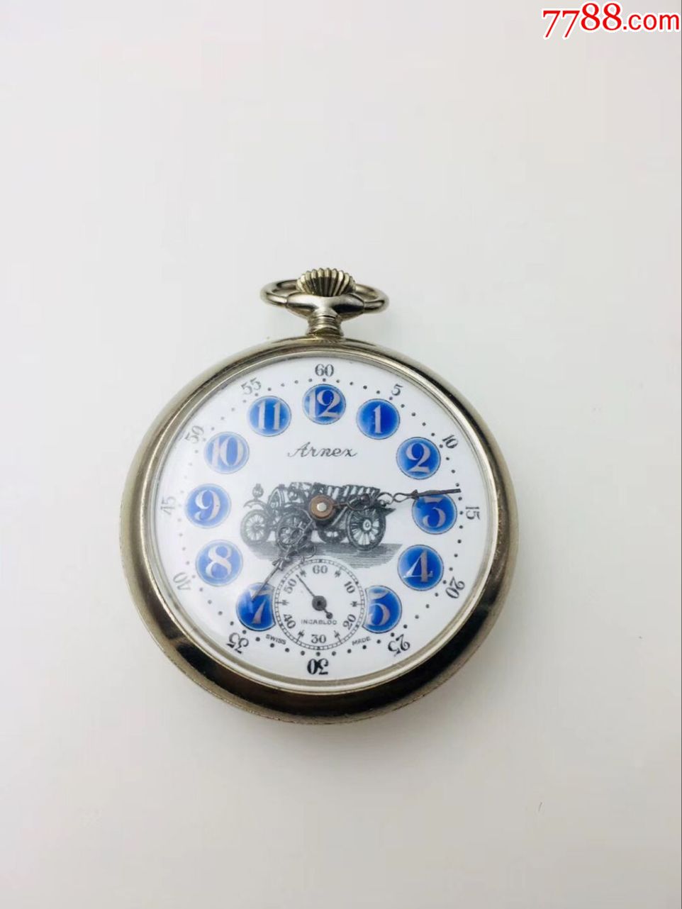 瑞士高浮雕白铜钢壳arnex火车头珐琅瓷盘古董老怀表--走时精准!