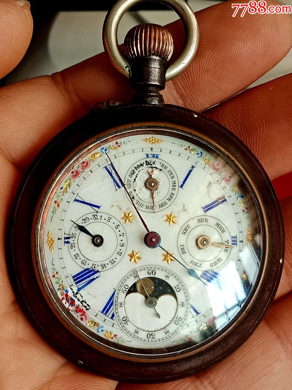 早期的瑞士集月相~日历~月份~星期~计时五大功能为一体的老怀表