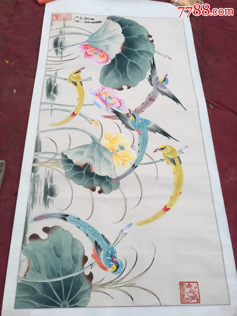 书画艺术大师--天龙山人作品《荷花鸟》大张6尺原装原裱无杠和轴保真