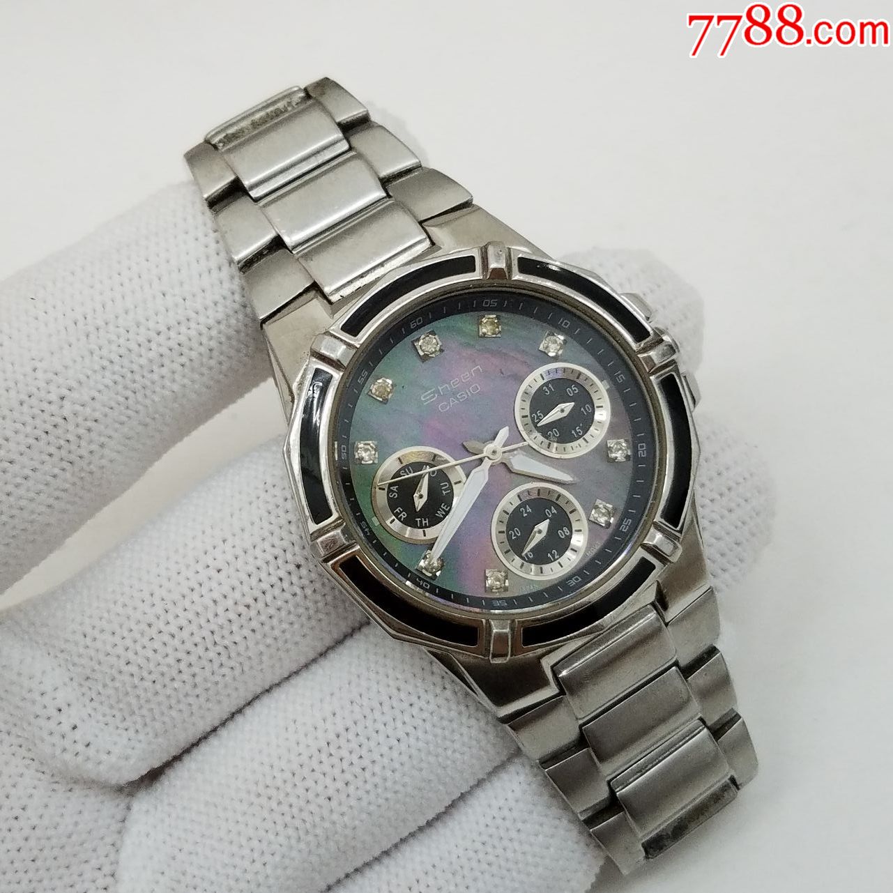 日本卡西欧电子表【经典3眼漂亮天然贝壳纹表盘】【闪钻刻度】【走时