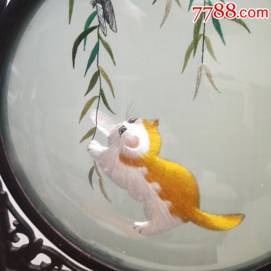苏绣画双面绣小猫戏金蝉柳叶画摆双面绣猫咪白猫喵星人70年代非物质