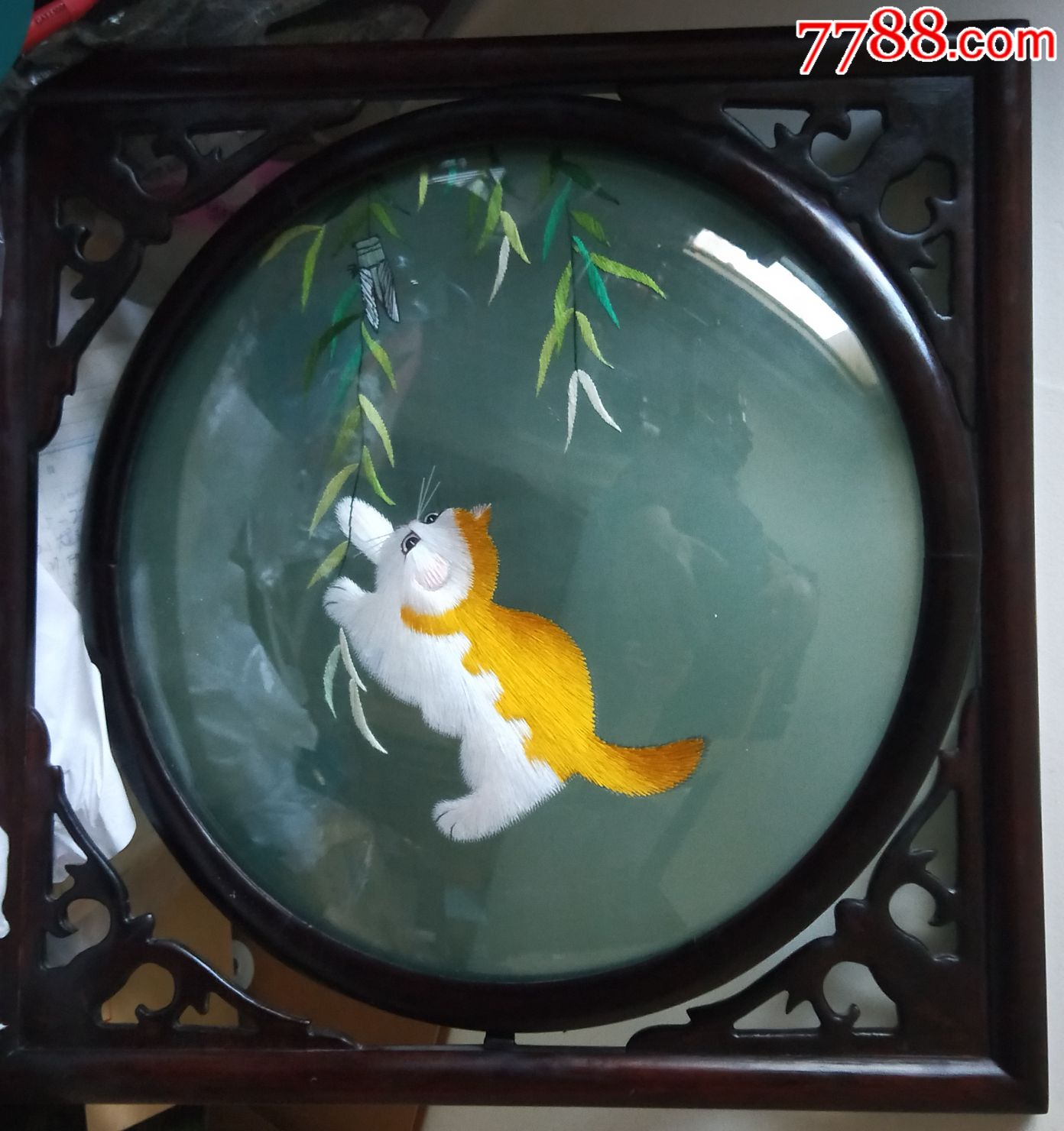 苏绣画双面绣小猫戏金蝉柳叶画摆双面绣猫咪白猫喵星人70年代非物质