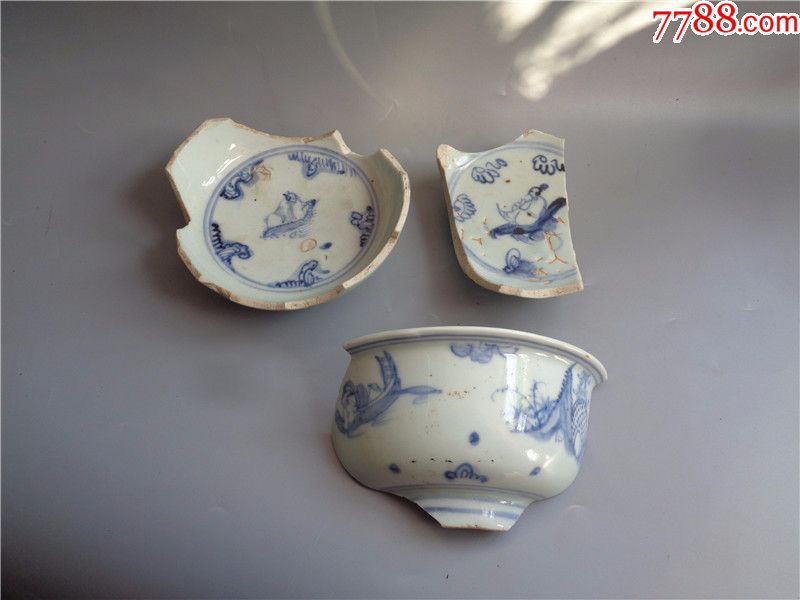 明代仙人乘槎图青花瓷片3件